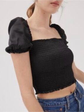 URBAN OUTFITTERS Black Smocked Puff-Sleeve Crop Top